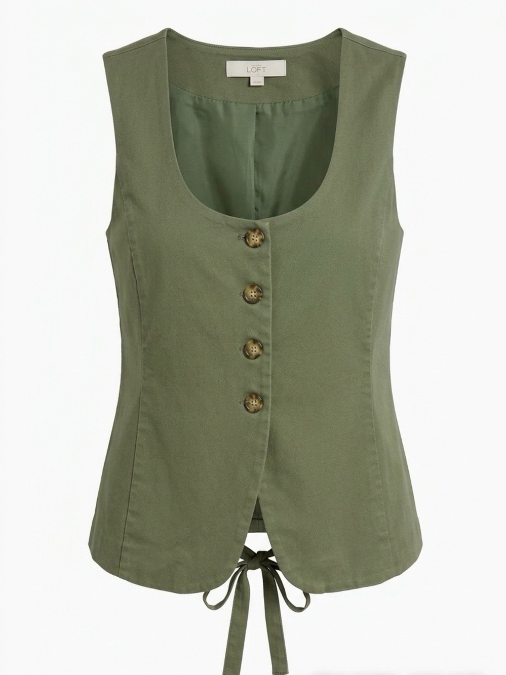 LOFT Olive Green Twill Tie Back Vest Top Tailored Scoop Neck Button Front - Sz L